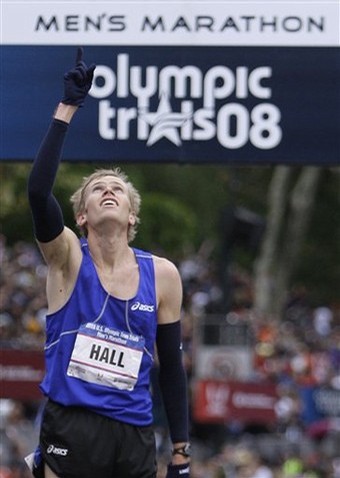 Hall looks heavenward after winning the Olympic Trials.